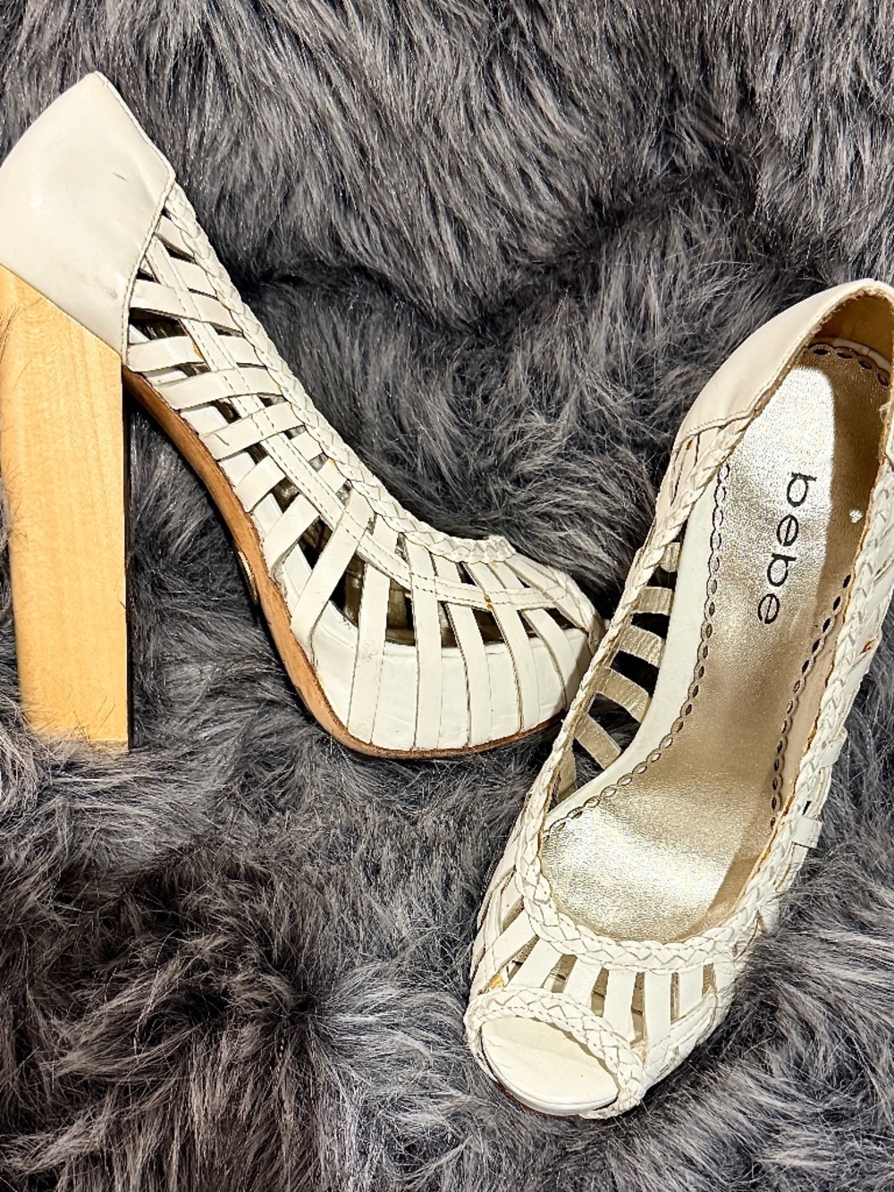 Bebe White Braided Peep-Toe Platforms with Wooden Heel (Size 7)